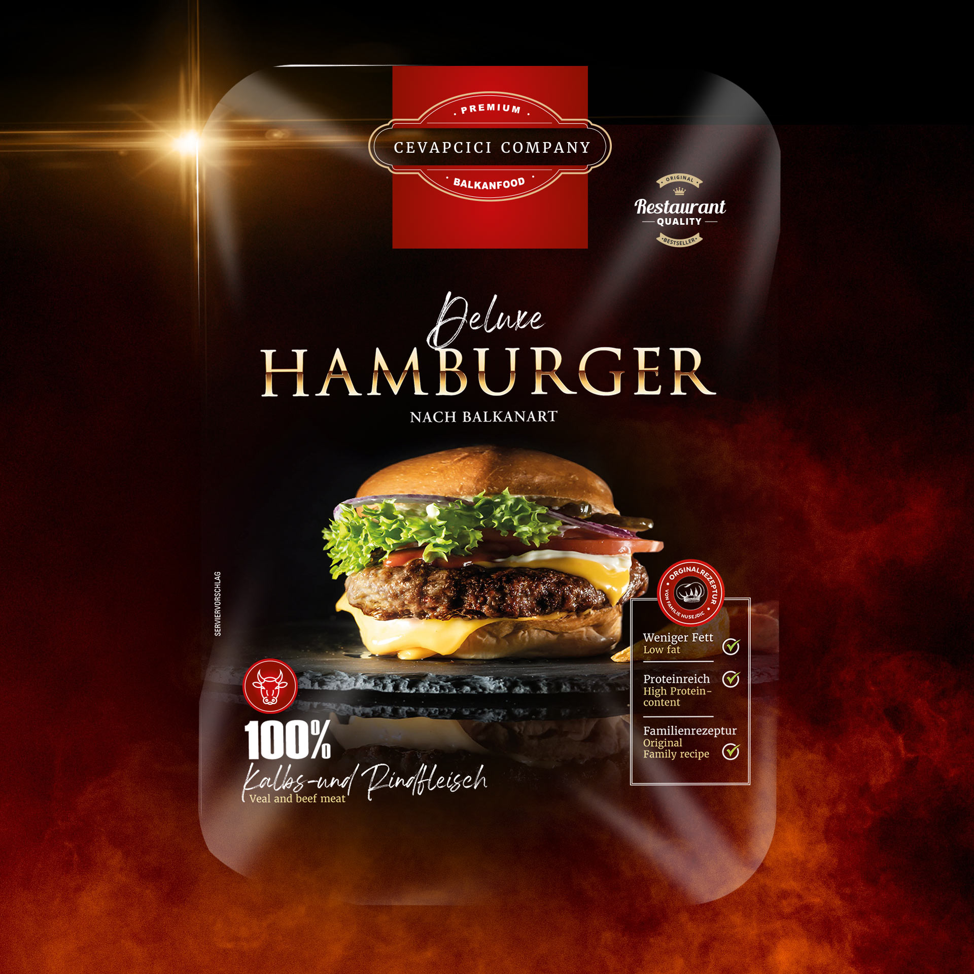 Das zarte Kalbfleisch im Deluxe Hamburger und die erlesenen Gewürze bringen den Geschmack des Balkans ins Brötchen. Zu bestellen hier in unserem Balkan-Onlineshop! | Cevapcici Company